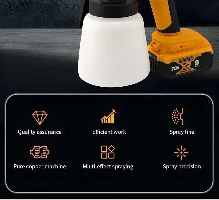 Pistol de vopsit electric fără fir DEWALT 800ML – Pulverizator portabil de vopsea cu putere ridicată, ideal pentru automobile și mobilier, compatibil cu bateriile DEWALT.